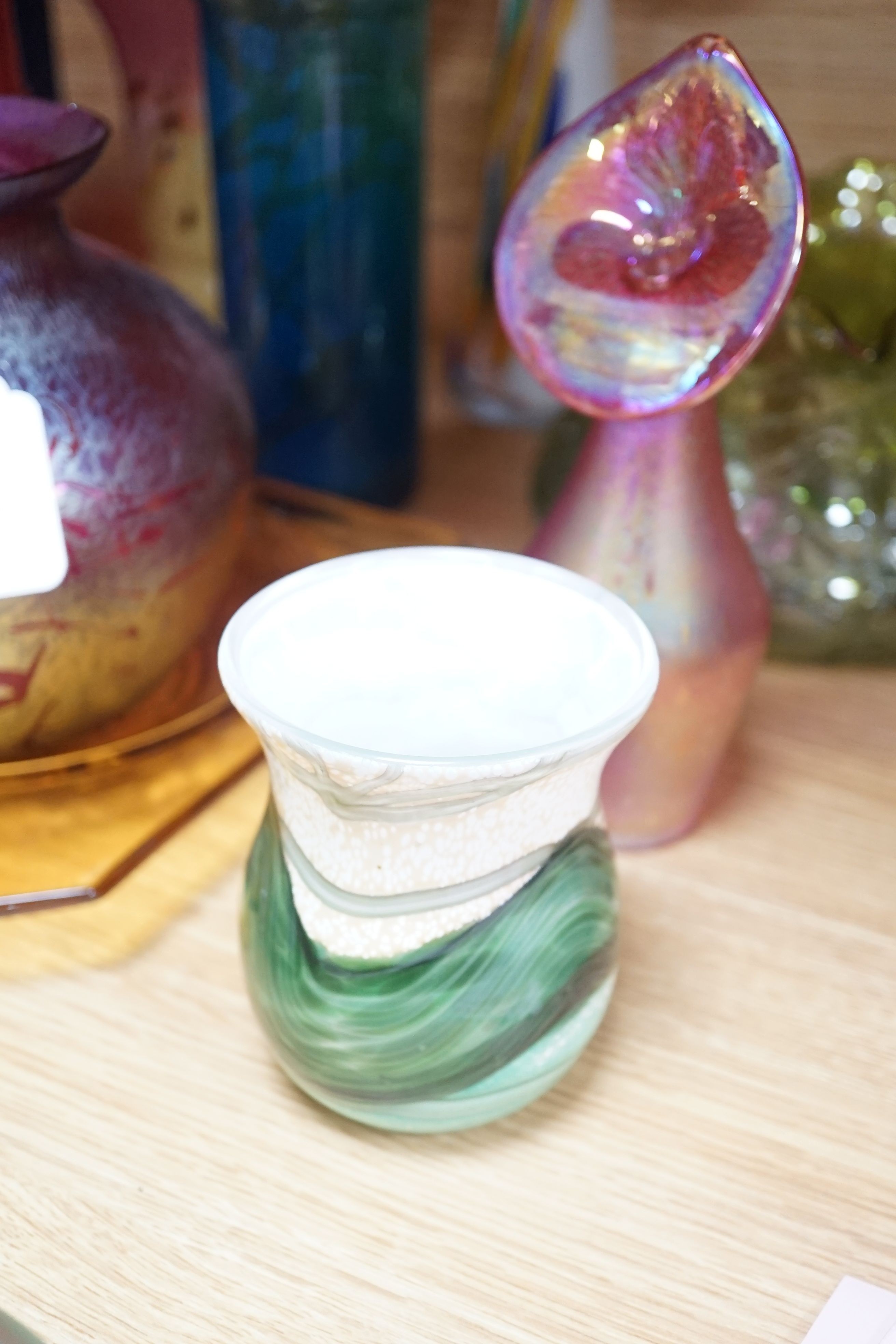 A group of coloured and lustre glass including Mdina, Rosenthal for Versace, Royal Brierley, Maltese glass etc.